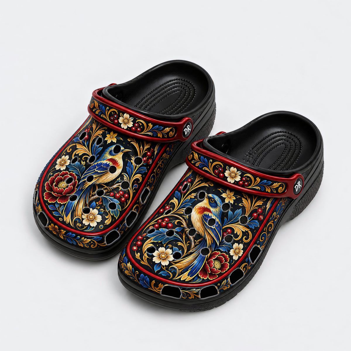 Ornate Bird Motif Decorative Print Clogs