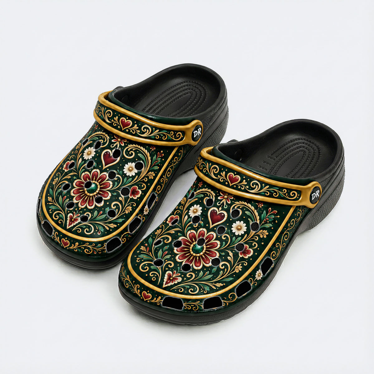 Ornate Floral Heart Print Fleece-Lined Clogs