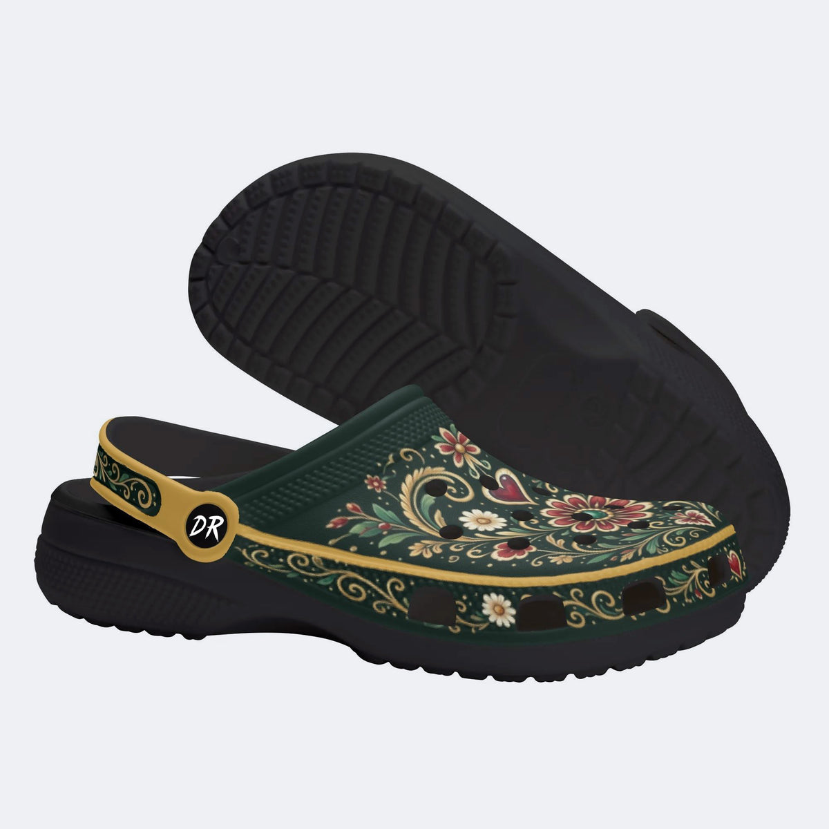 Ornate Floral Heart Print Fleece-Lined Clogs