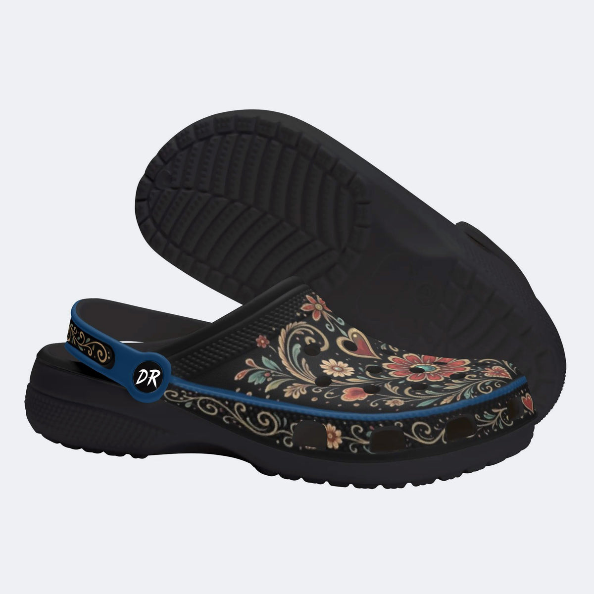 Ornate Floral Heart Print Fleece-Lined Clogs
