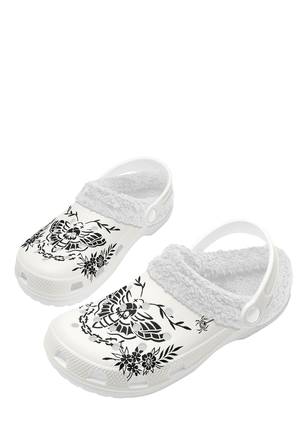 White slippers with gothic death moth and spider illustrations