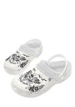 White slippers with gothic death moth and spider illustrations