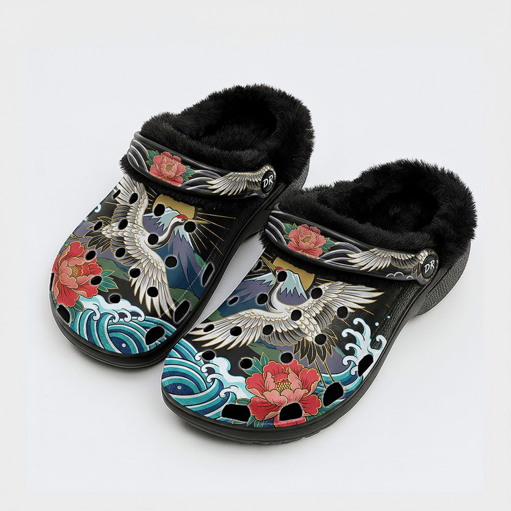 Waves Over Mount Fuji & Crane & Peony Print Fleece-Lined Clogs