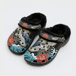 Waves Over Mount Fuji & Crane & Peony Print Fleece-Lined Clogs
