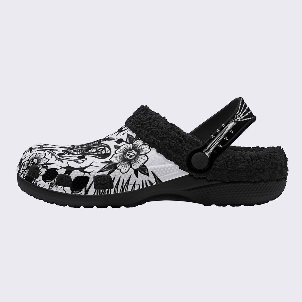 Death Moth & Skull Flower Print Fleece-Lined Clogs