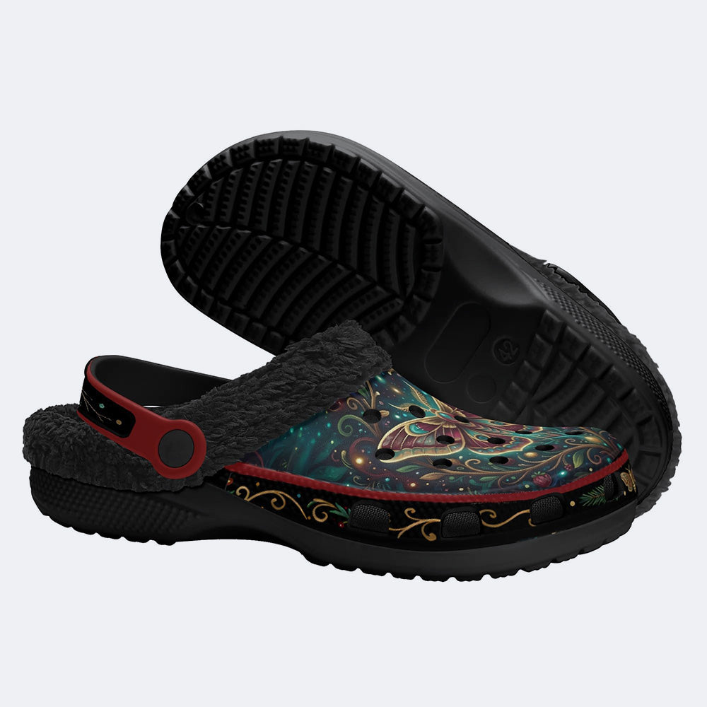 Psychedelic Forest Moth Print Fleece-Lined Clogs