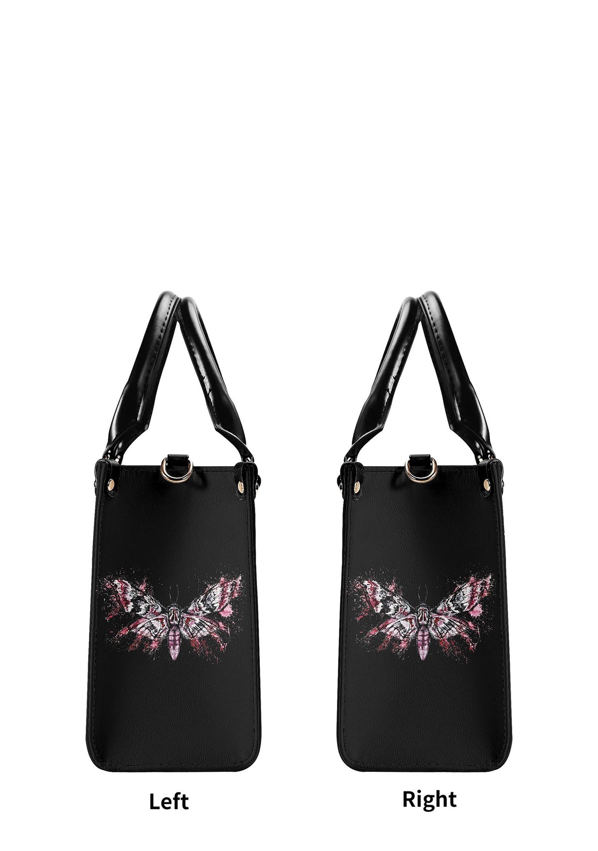 left and right sides of gothic handbag featuring consistent moth design in tattoo-inspired style