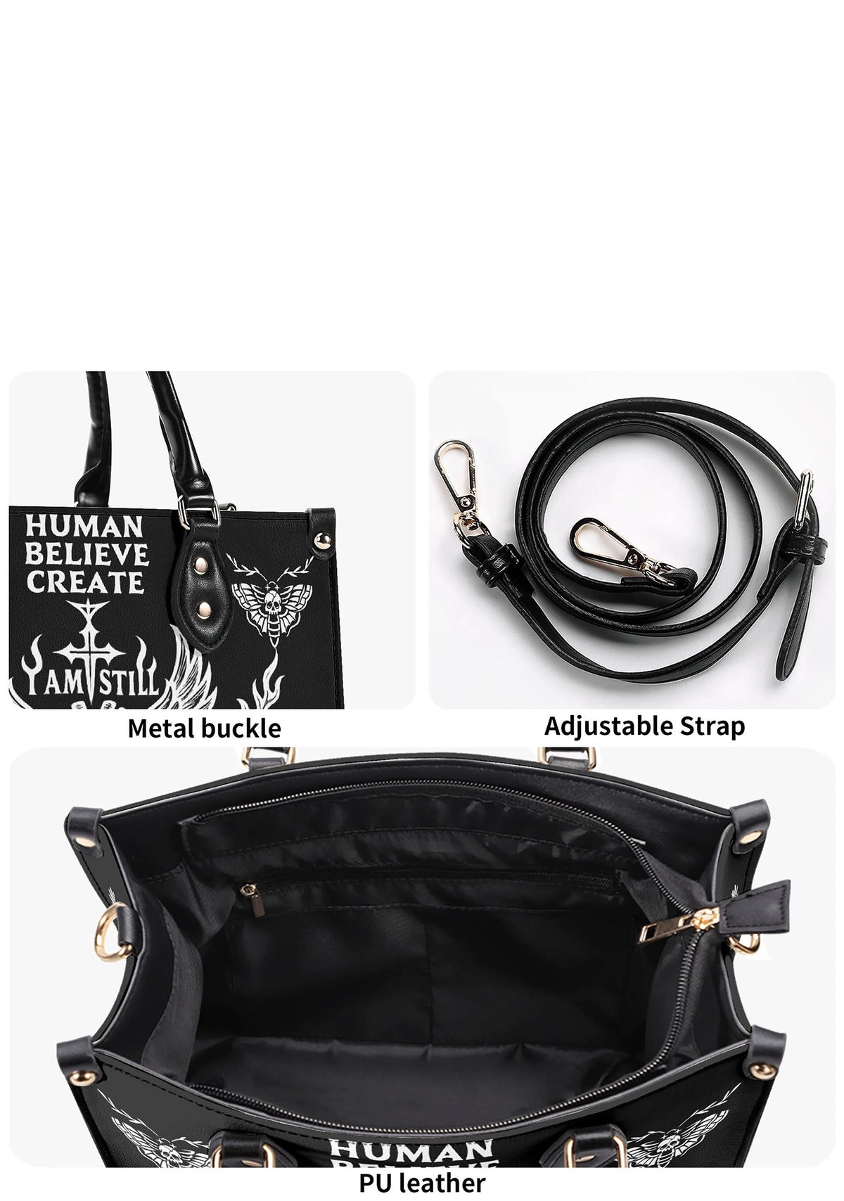 Close-up of gold-tone hardware and detachable strap on gothic handbag