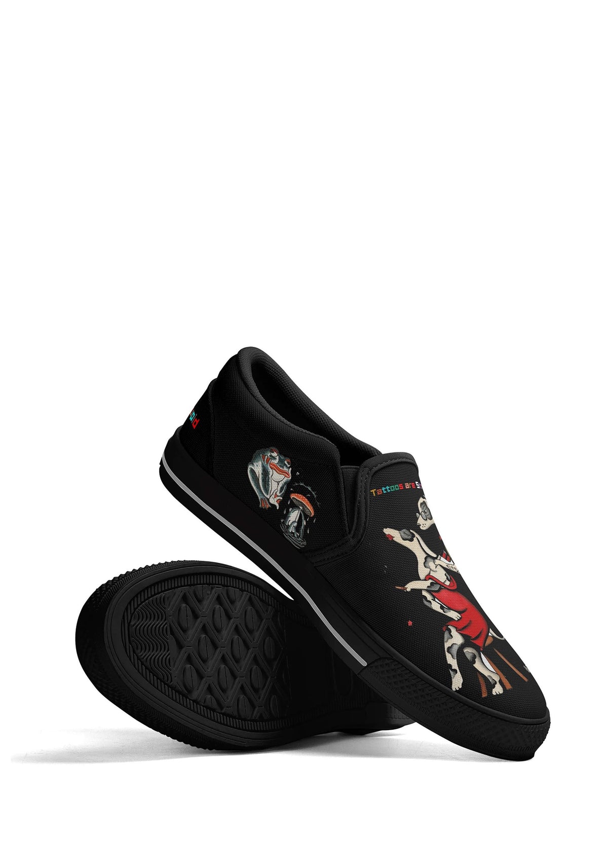 Stacked gothic slip-ons with surreal frog and mushroom tattoo graphics
