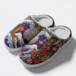 Irezumi Wave & Koi & Demon Face Print Fleece-Lined Slippers