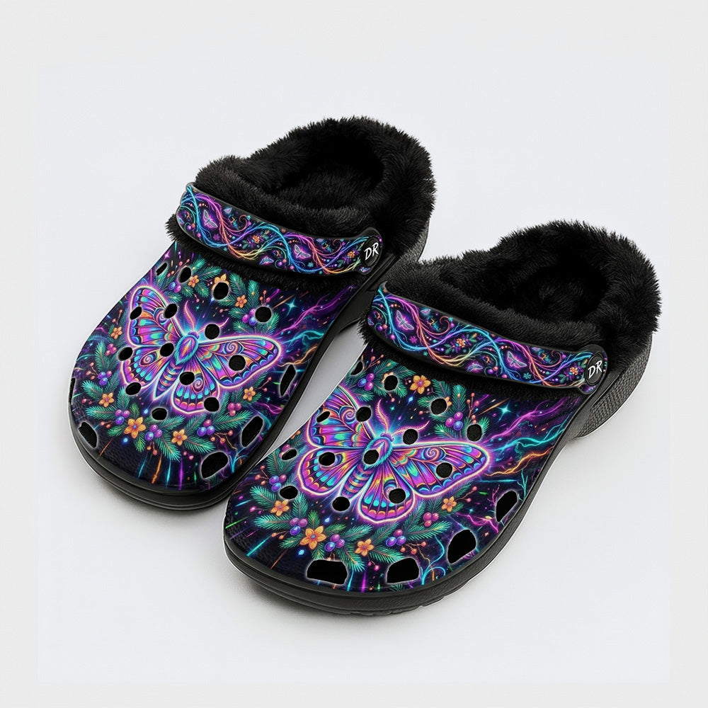 Neon Psychedelic Moth Print Fleece-Lined Clogs