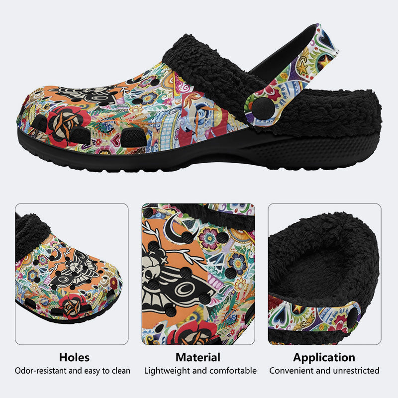 Unisex Death Moth Print - Fur Lined Slippers/Sandals