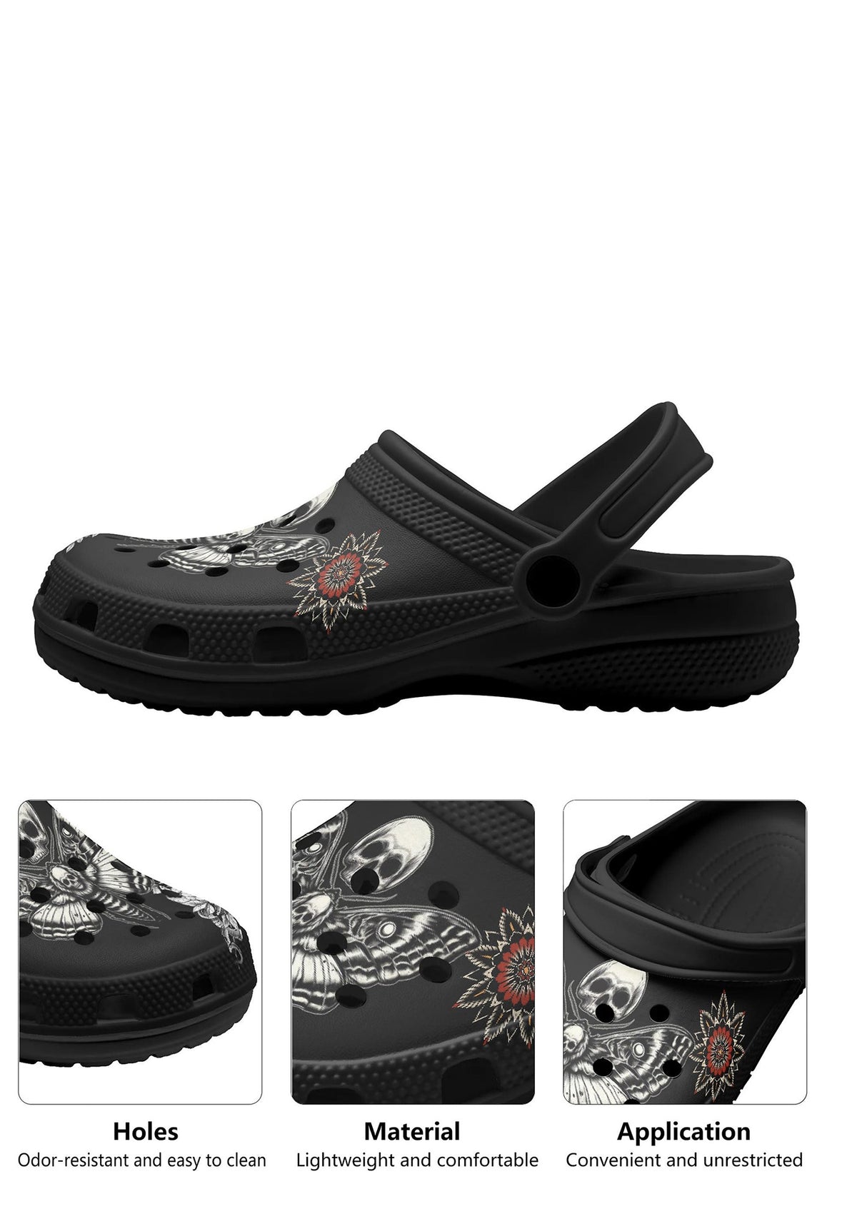 Close-up details of gothic moth, red flower and skull print on slippers