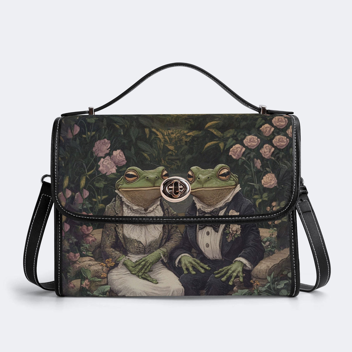Vintage Couple Frog Print - Leather Satchel Bag