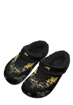 Death Flame slippers – front view of fuzzy black clogs with yellow moth