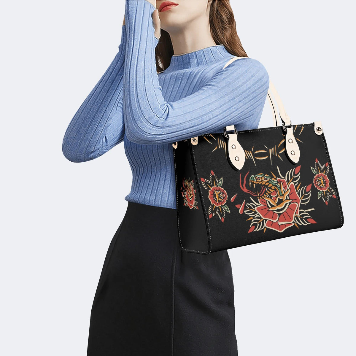 Rose and Snake Print - Leather Handbag