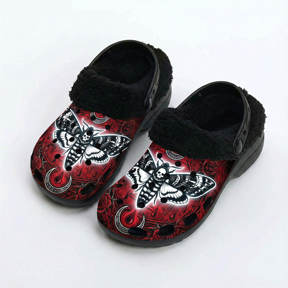 Crimson Rose Death Moth Print Fleece-Lined Clogs