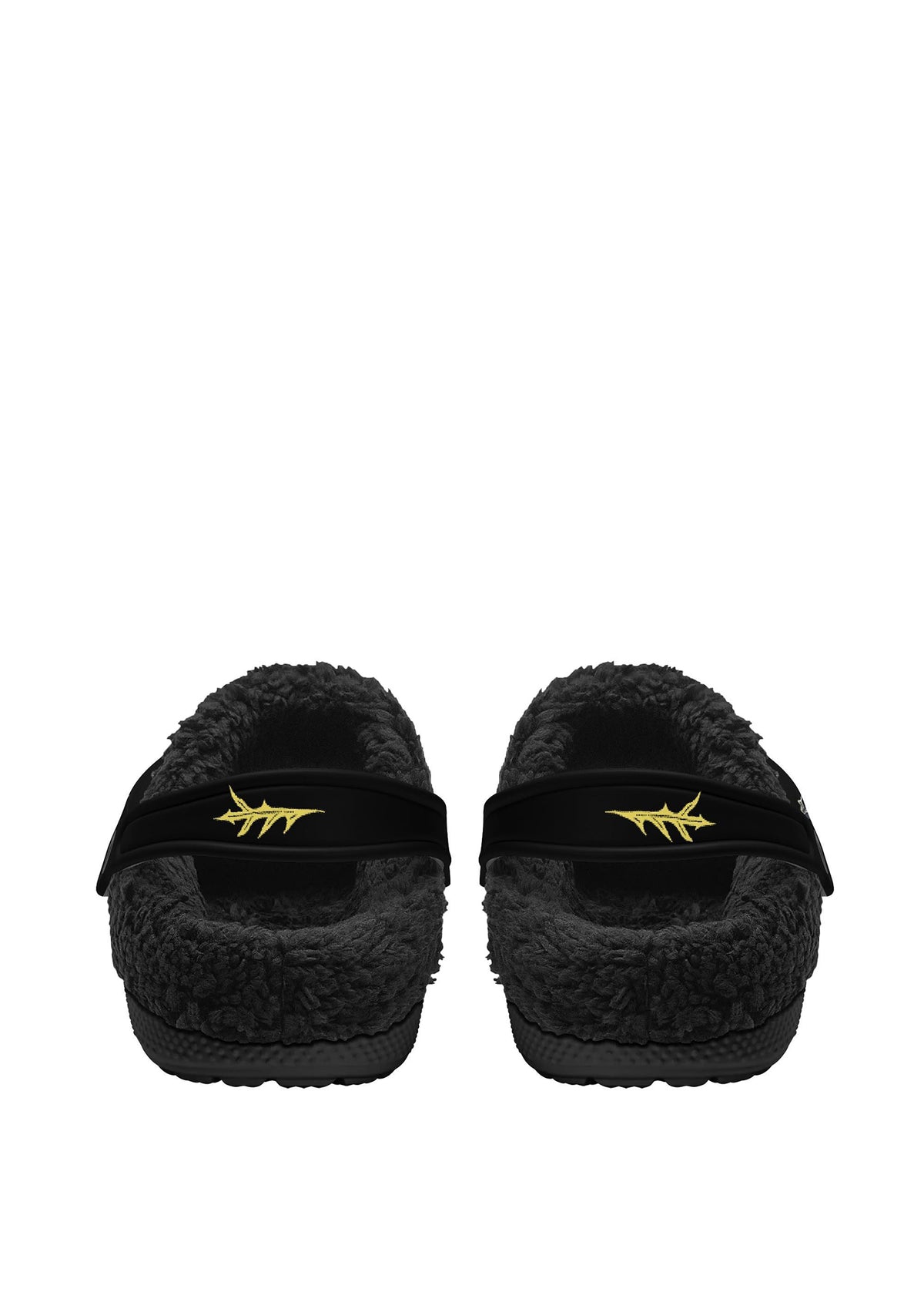 Back view of fuzzy slippers with ritual moth and cozy lining