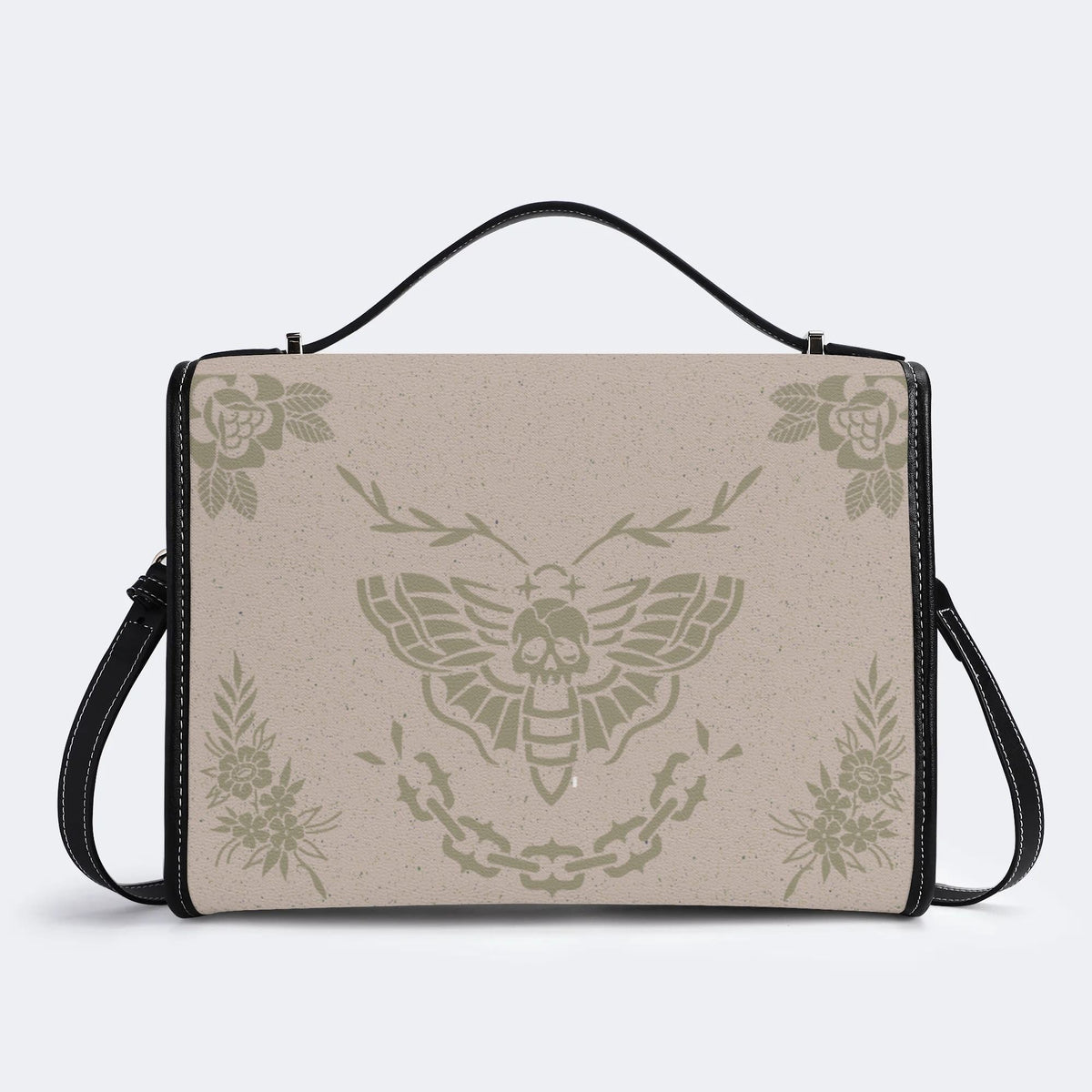 Classic Beige Death Moth Vintage Print - Leather Satchel Bag