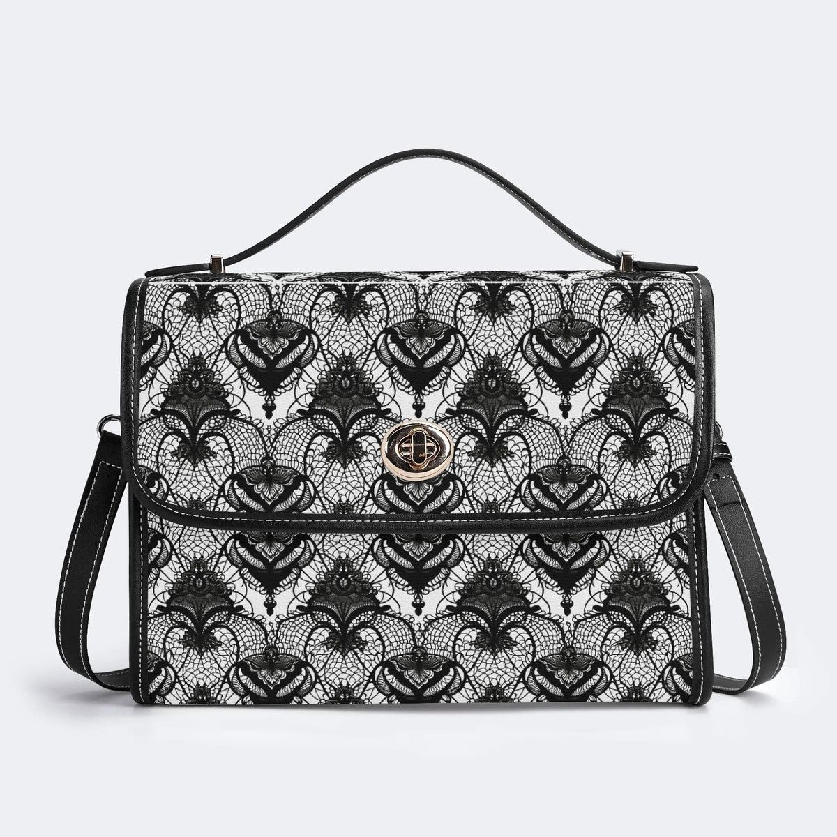 Retro Gothic Black Stripe Lace - Leather Satchel Bag