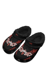 Venom Moth slippers – front view of fuzzy black clogs with red and white moth design