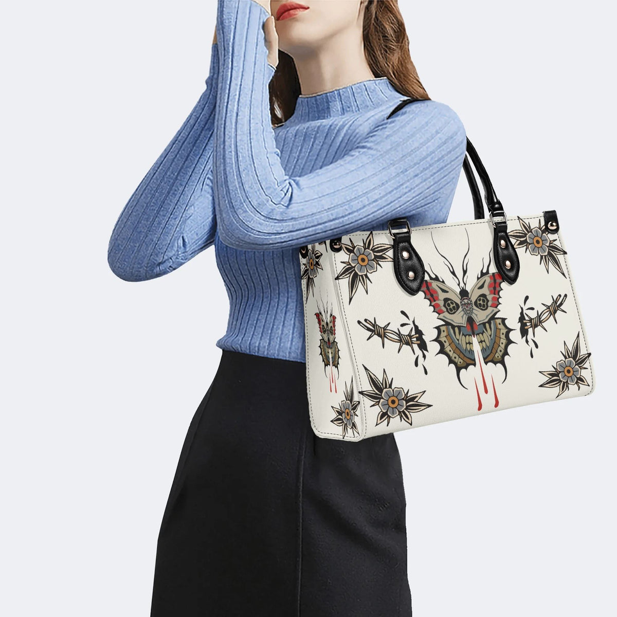 Death Moth And Flowers - Leather Handbag