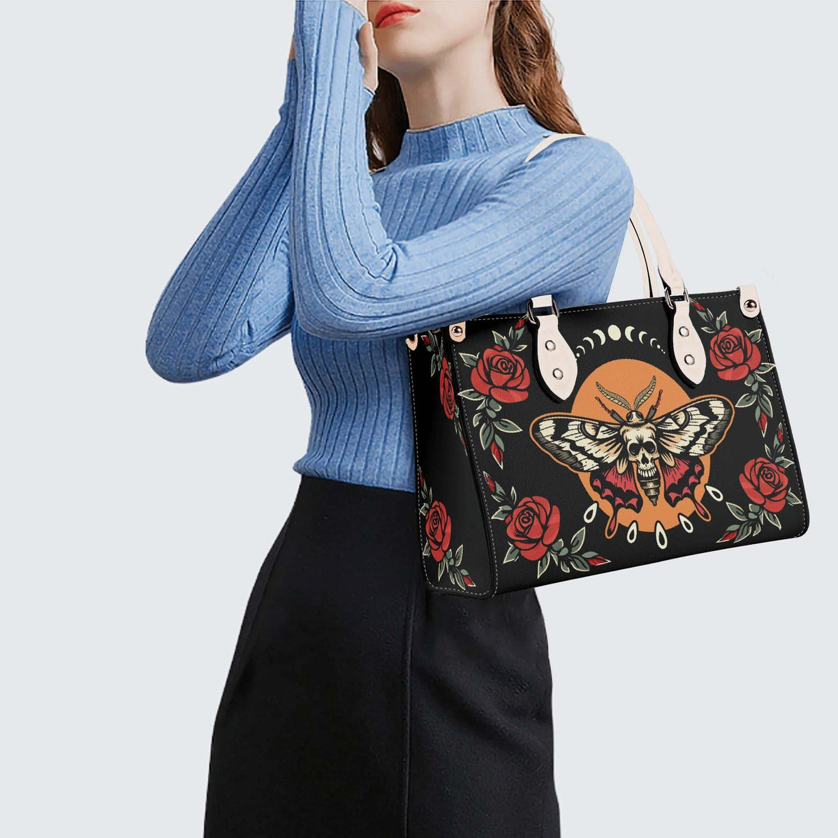 Rose Death Moth Art Print - Leather Handbag