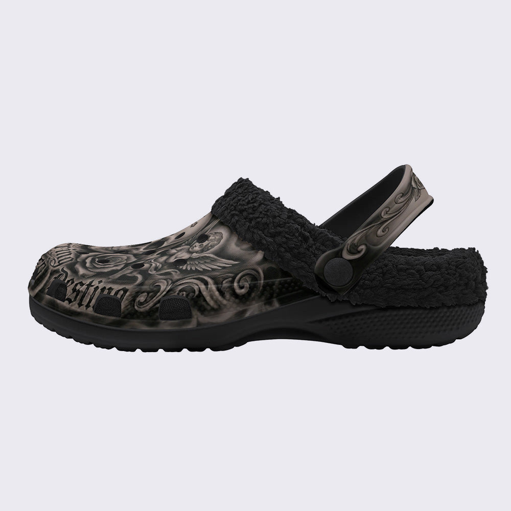 Chicano Letter&Rose&Skull&angel Print Fleece-Lined Clogs