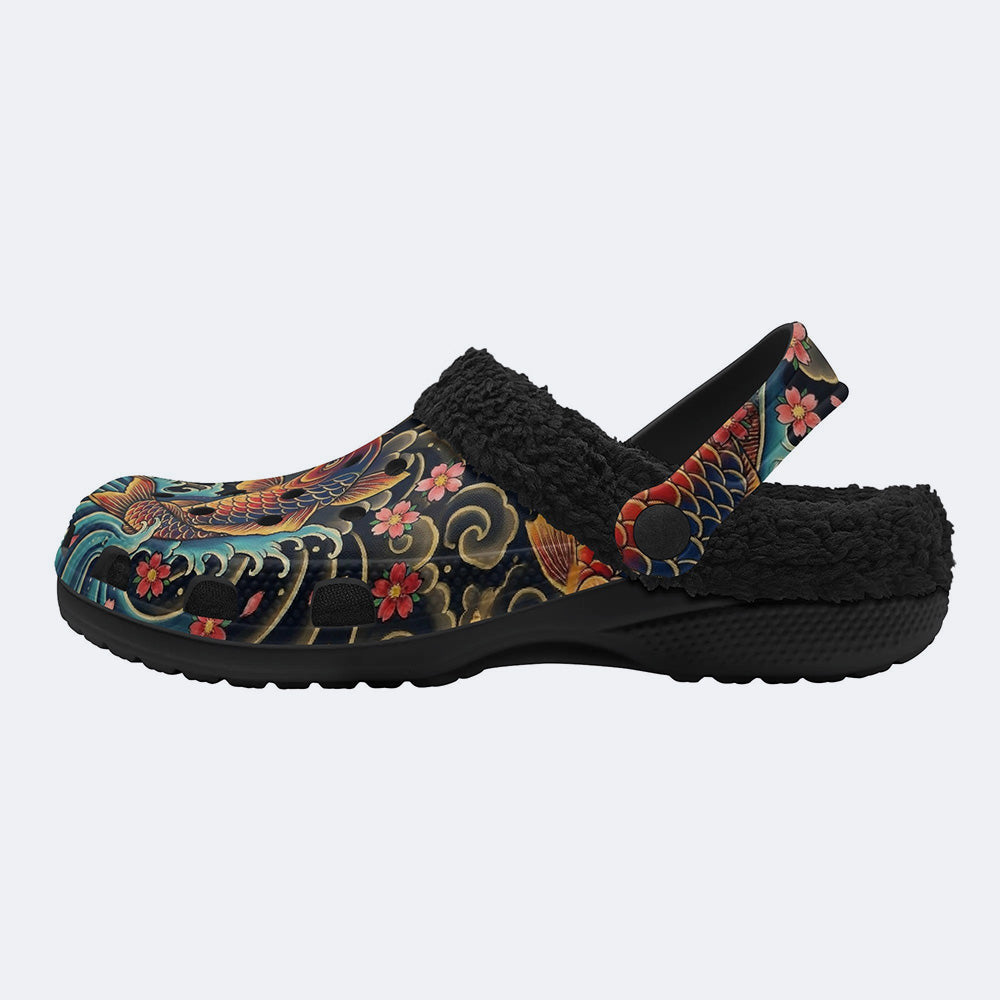Irezumi Carp&Cherry blossom blizzardTraditional Cloud Print Fleece-Lined Clogs