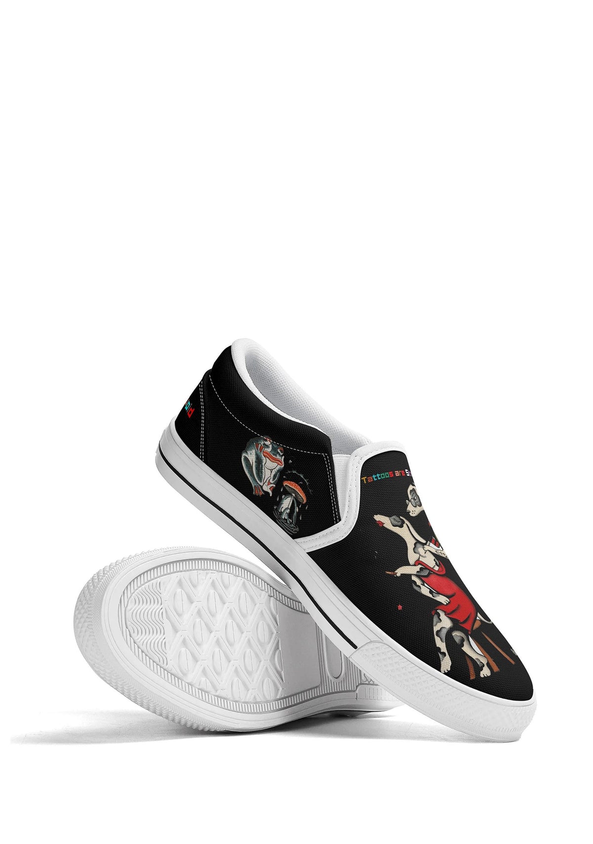 White sole stacked slip-ons with frog, mushroom, and couple tattoo graphics