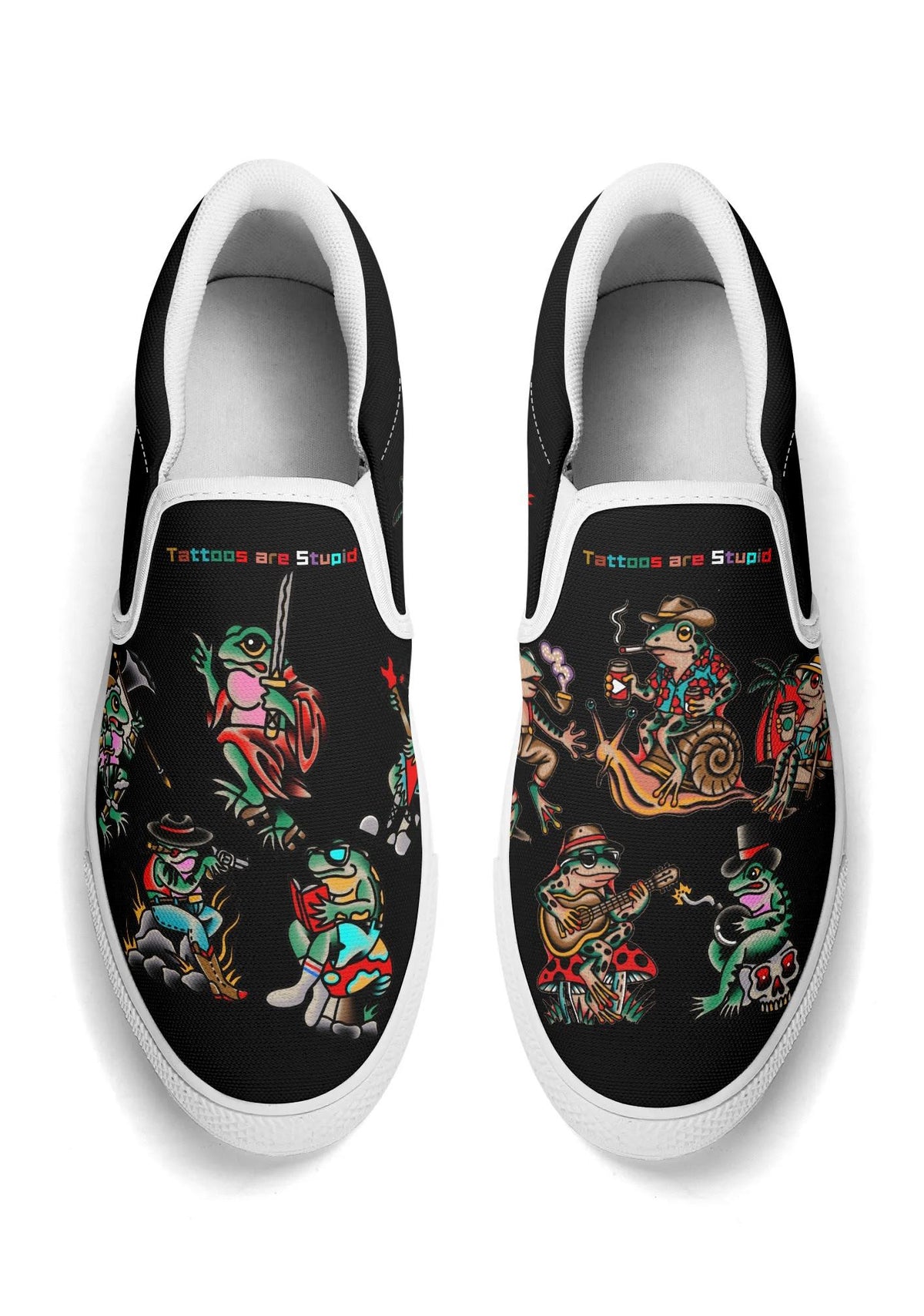 Black slip-ons with white sole and trim, decorated with funky frog tattoo graphics and colorful typography