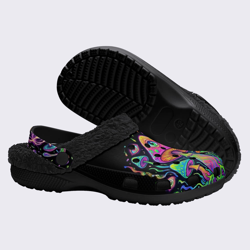 Psychedelic Mushroom Forest Moth Print Fleece-Lined Clogs