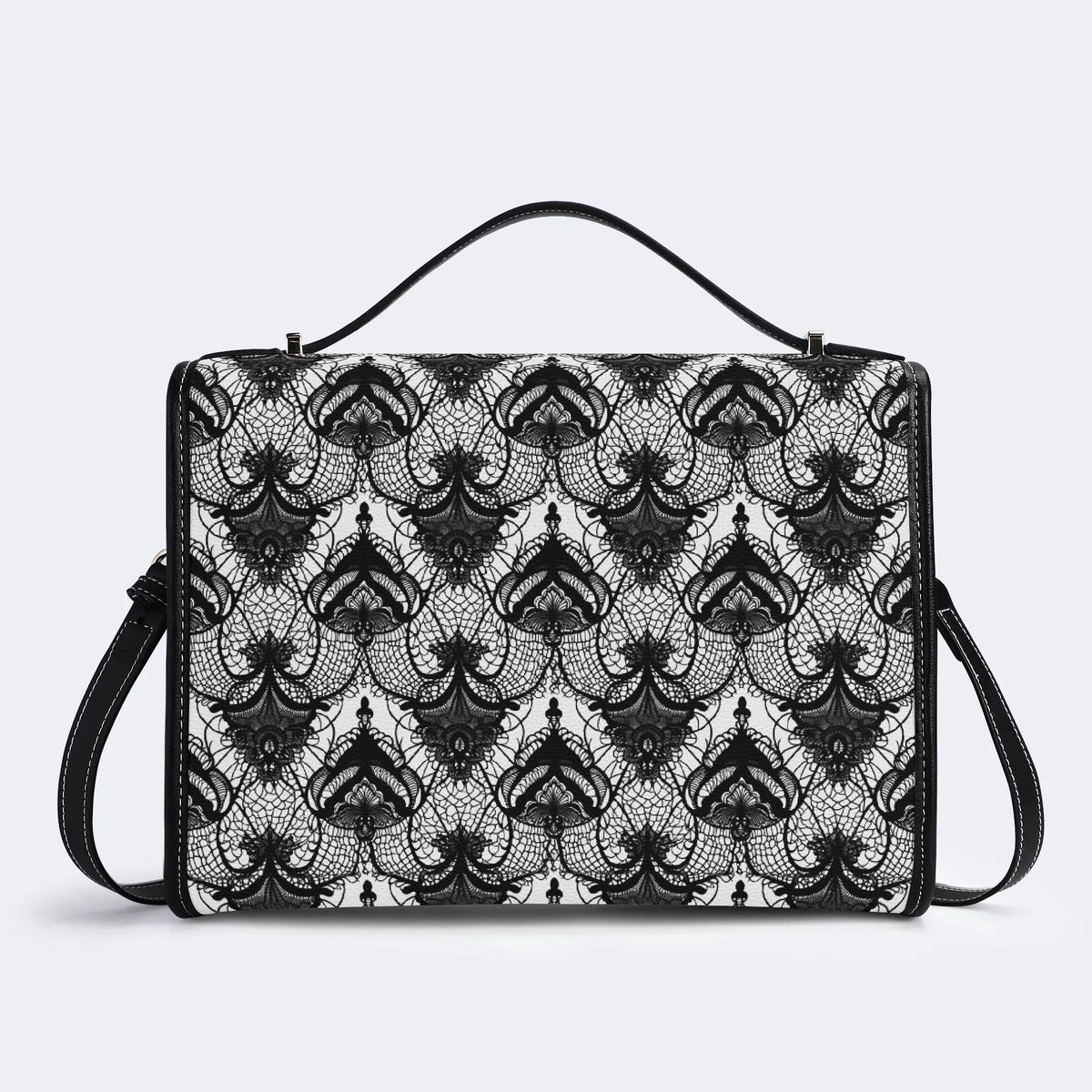 Retro Gothic Black Stripe Lace - Leather Satchel Bag