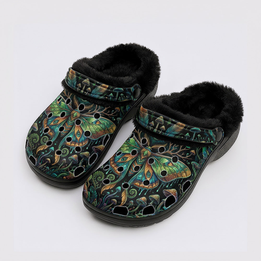 Forest Mystery Moth Print Fleece-Lined Clogs
