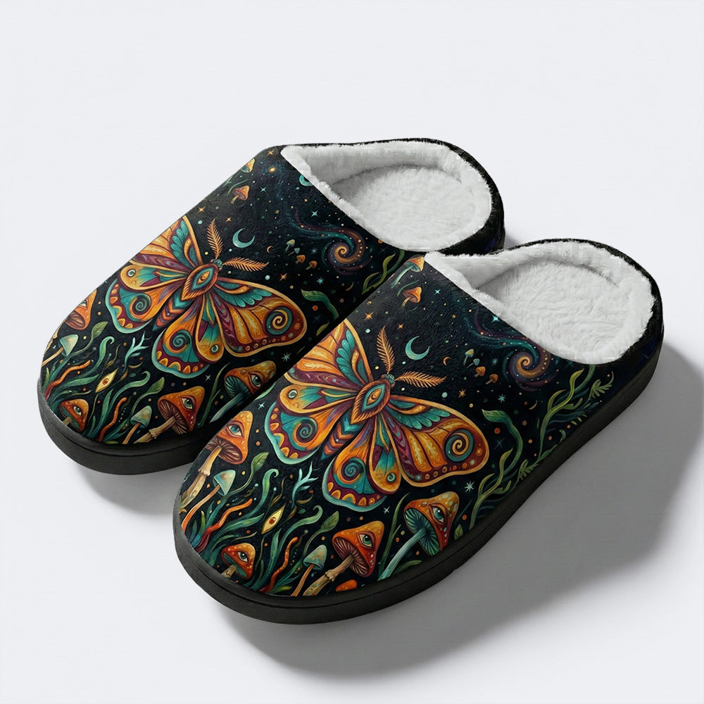 Psychedelic Mushroom Forest Moth Retro Print Fleece-Lined Slippers