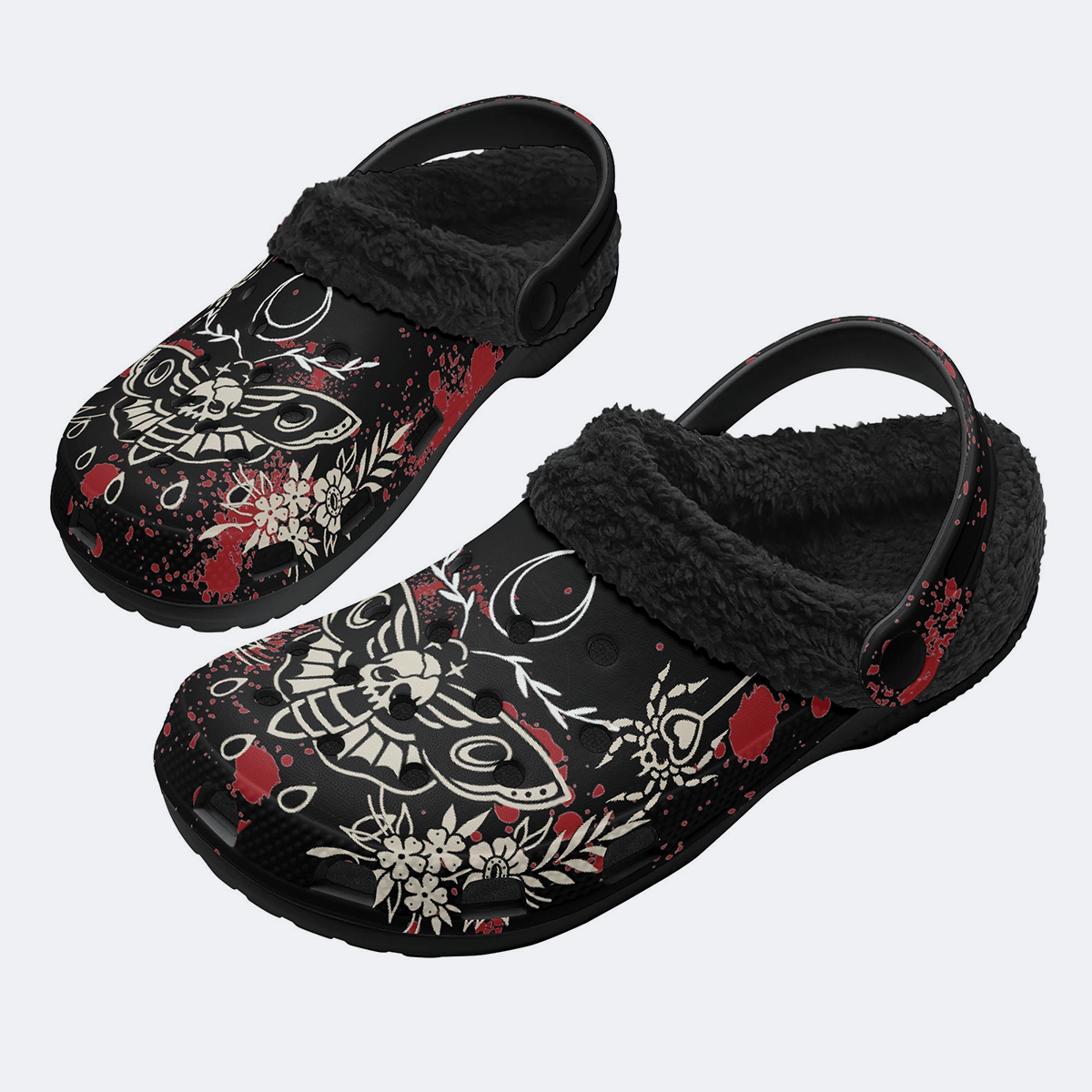Death Moth Retro Print - Fur Lined Slippers/Sandals