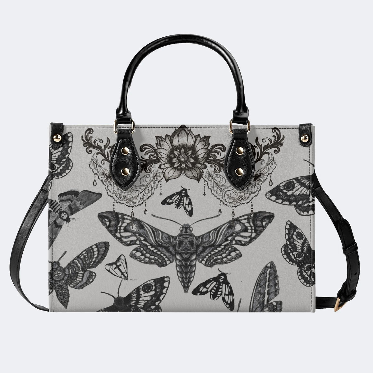 Vintage Moth And Black Lace Print - Leather Handbag
