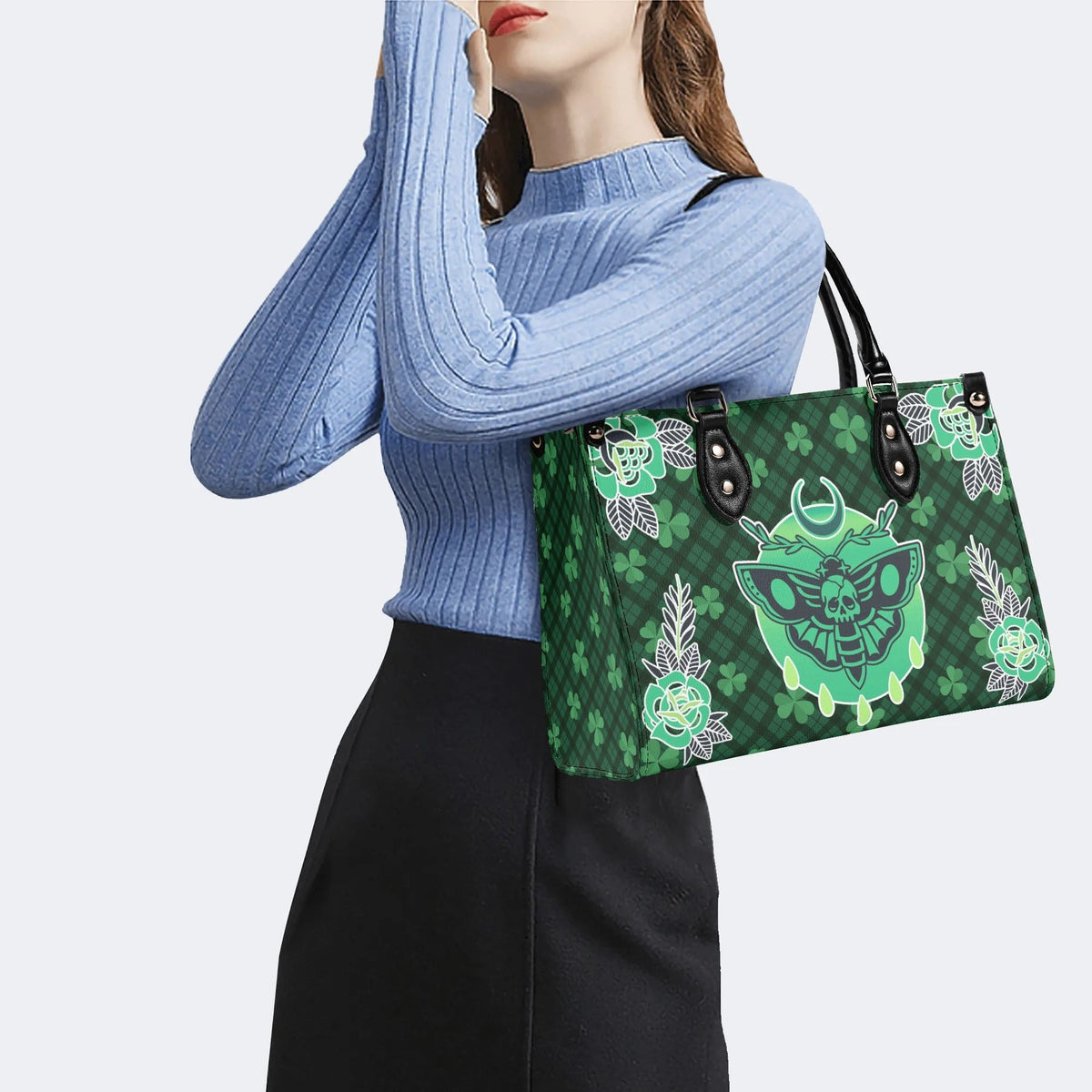 Green Plaid Death Moth - Leather Handbag