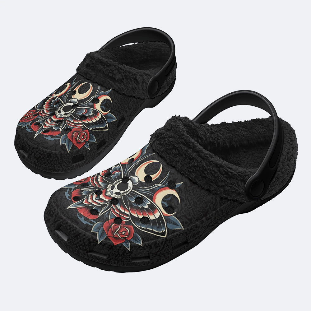 Crescent Moon & Thorny Rose & Death Moth Print Fleece-Lined Clogs