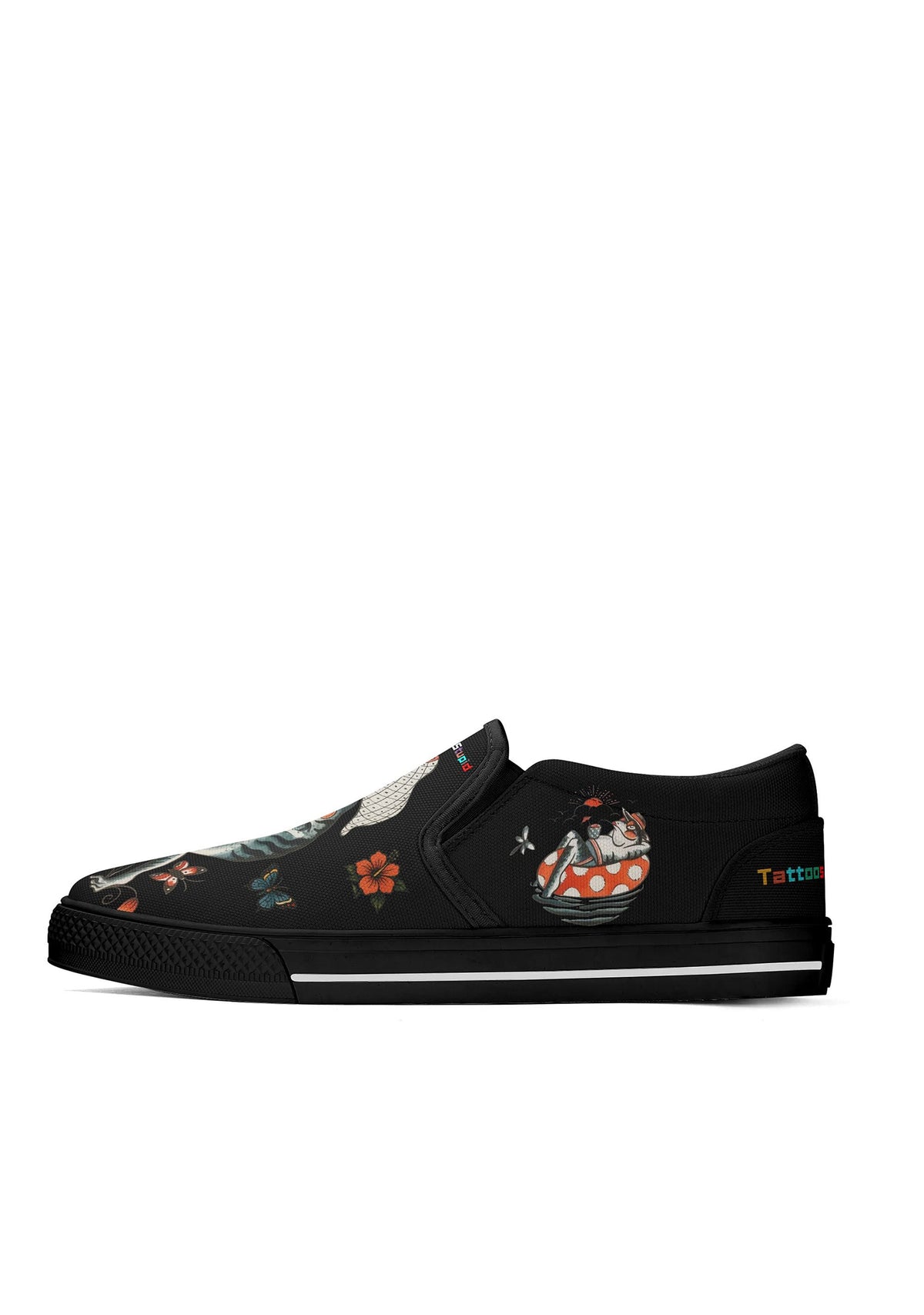 Right side of black slip-on shoes with frog sitting in red mushroom illustration and floral tattoo details
