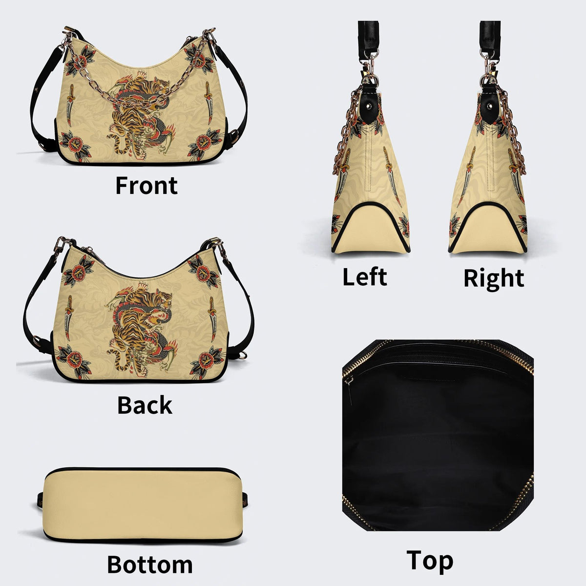 Traditional Tiger and Dragon Print - Leather Crossbody Bag