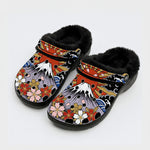 Irezumi Mount Fuji & Cherry Blossoms & Sun Wheel Print Fleece-Lined Clogs