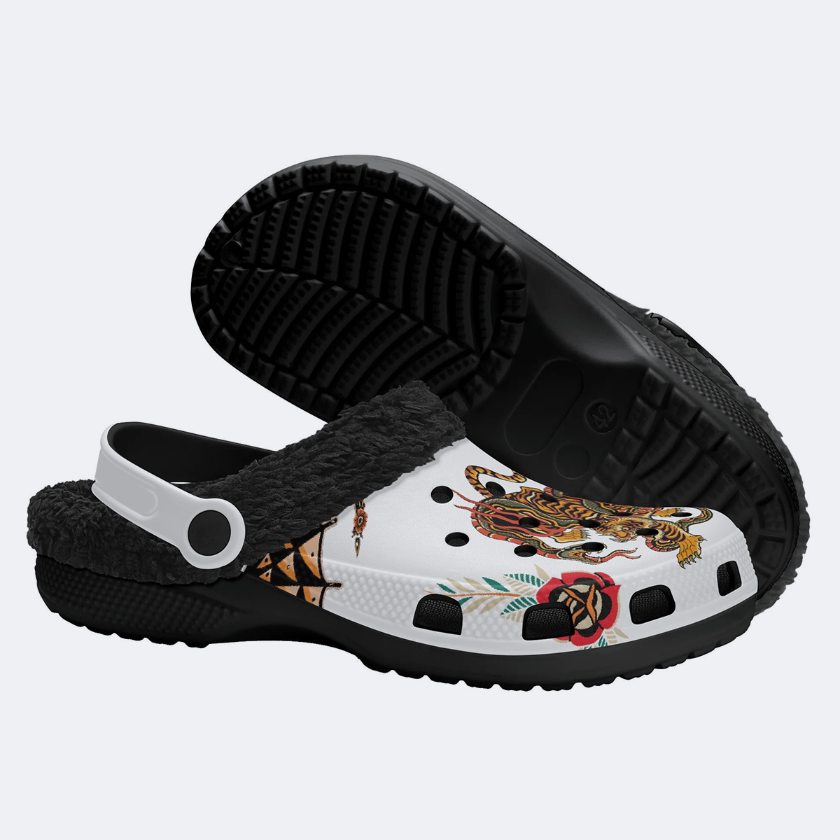 Old School Tiger & Snake Print - Fur Lined Slippers/Sandals