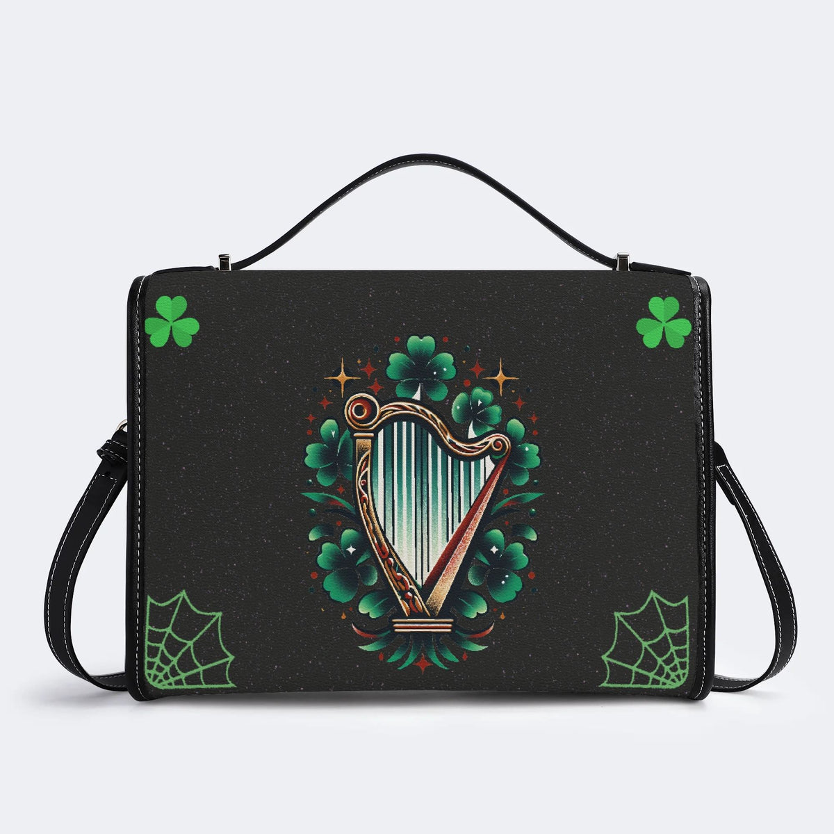 Irish Harp & Shamrocks Print - Leather Satchel Bag