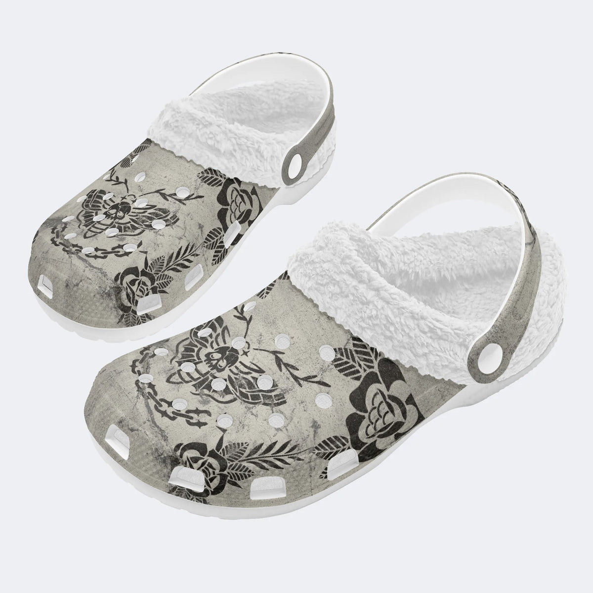 Retro Moth Print - Fur Lined Slippers/Sandals