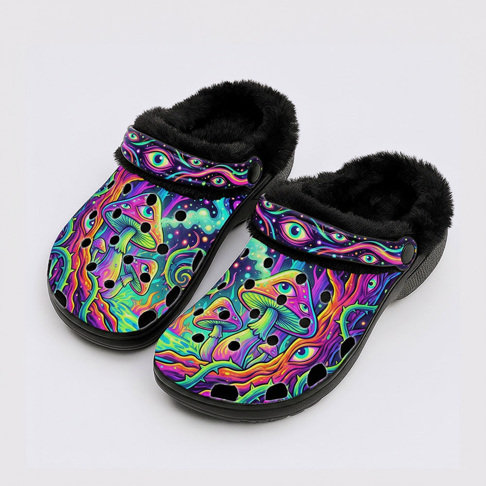 Psychedelic Forest Glowing Mushroom Print Fleece-Lined Clogs