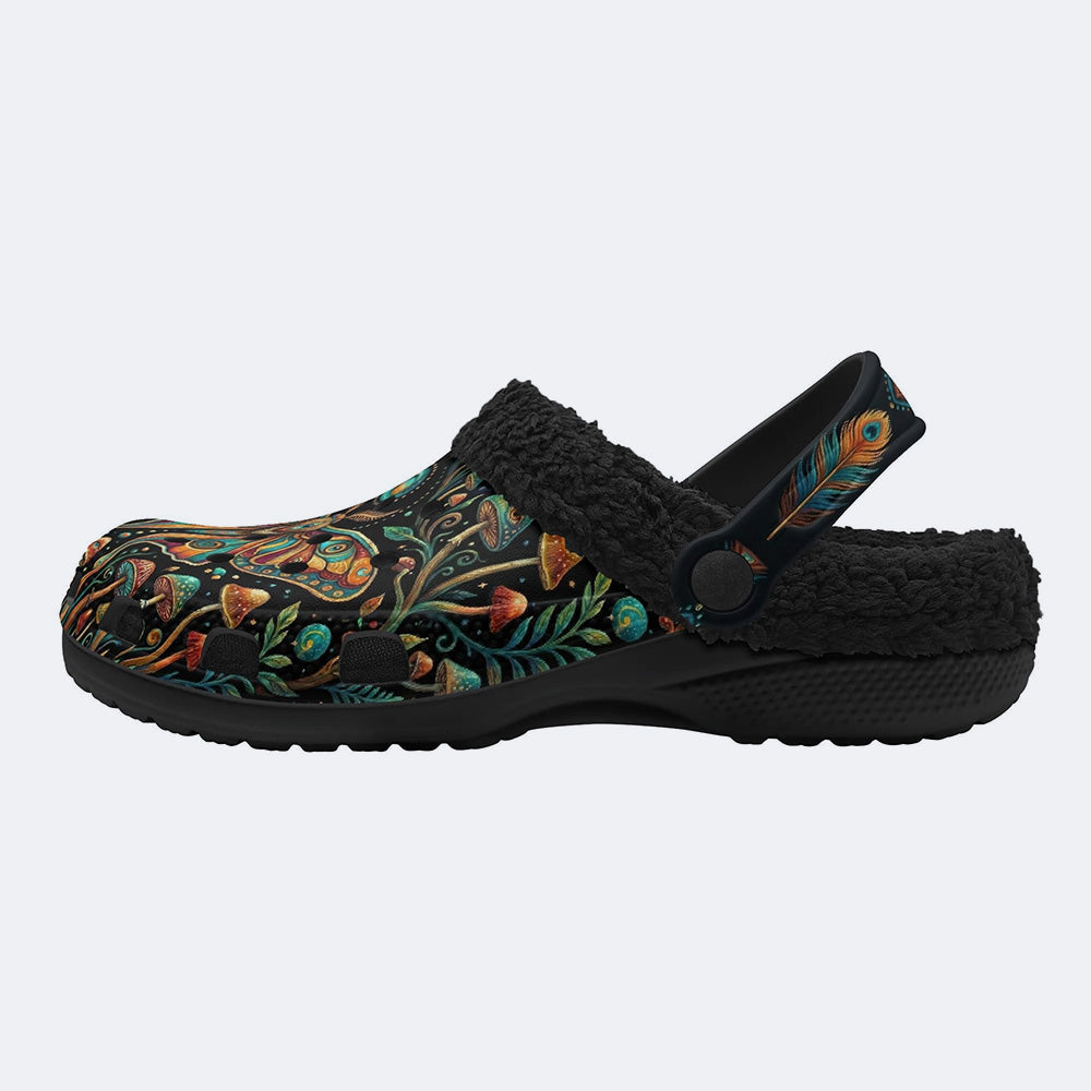 Psychedelic Mushroom Forest Moth Retro Print Fleece-Lined Clogs