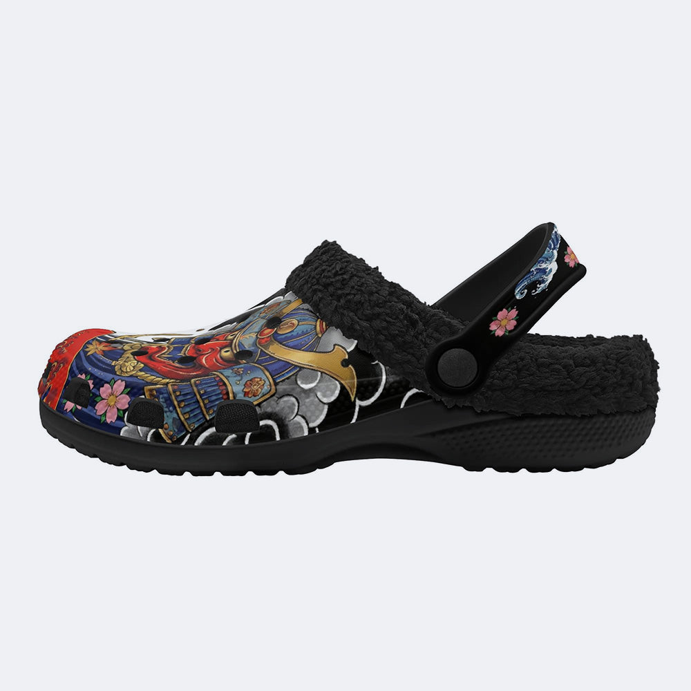 Irezumi Wave & Koi & Demon Face Print Fleece-Lined Clogs
