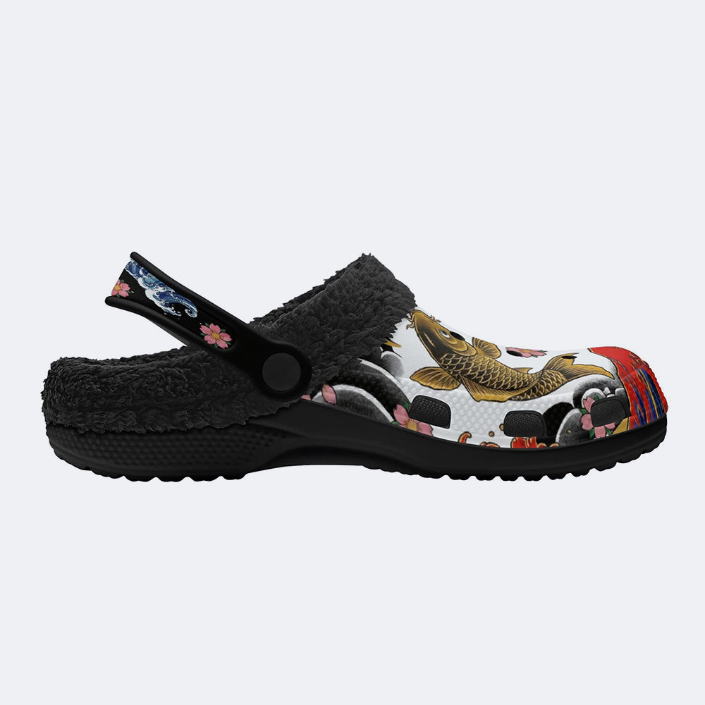 Irezumi Wave & Koi & Demon Face Print Fleece-Lined Clogs
