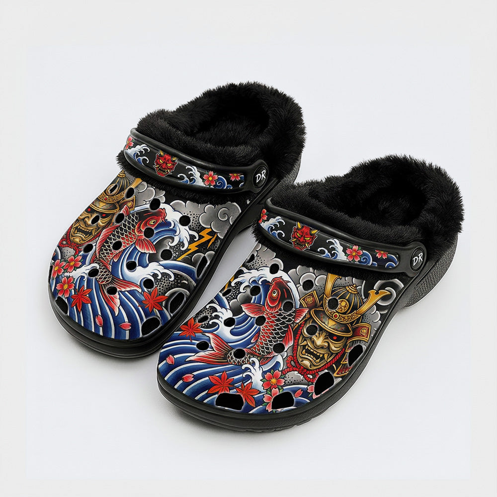 Irezumi Wave & Koi & Demon Face Print Fleece-Lined Clogs
